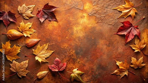 Fototapeta Naklejka Na Ścianę i Meble -  Autumnal foliage arranged on a rustic textured background provides a captivating display of fall colors.