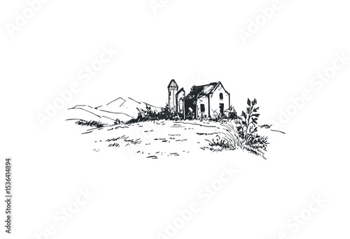Rustic landscape with abandoned rural house and tower. Vector retro hand drawn illustration