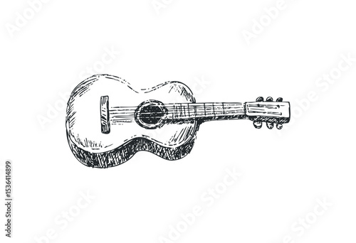 Detailed sketch of acoustic guitar with strings and body design. Vector retro hand drawn illustration