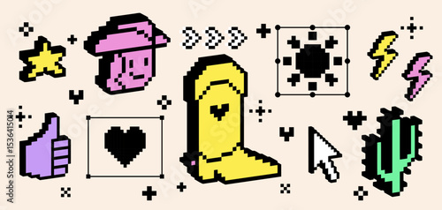 Pixel art cowboy icon collection with 3d effect. Wild west digital sticker set. Cowboy hat, cowboy boot, cactus, heart, star and cool digital objects. 8 bit style retro elements for gaming interface
