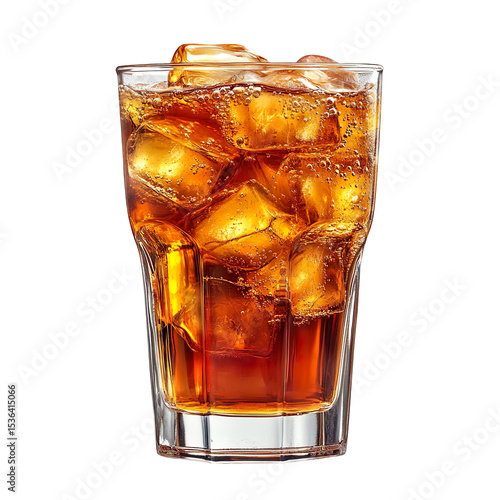 Glass of sparkling iced tea with ice cubes