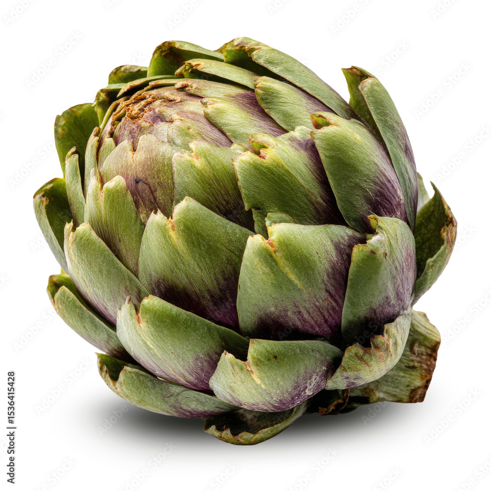 Fototapeta premium Fresh whole artichoke isolated on transparent background. Captured in high detail, perfect for food design, cooking, or health-related content.