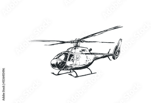 Detailed sketch of a helicopter with rotor blades in motion. Vector retro hand drawn illustration