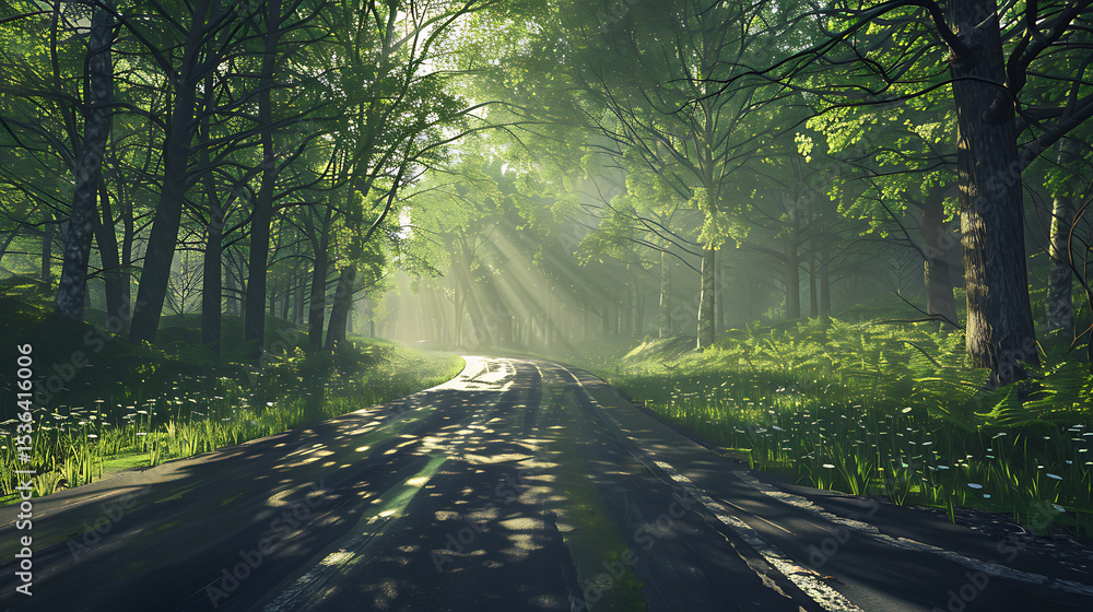 Obraz premium Serene Sunlit Forest Paths: Morning Light Filtering Through Lush Canopies