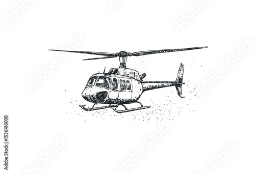 Detailed illustration of a helicopter with rotating blades in flight. Vector retro hand drawn illustration