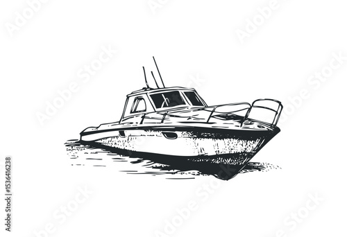 Hand-drawn sketch of a boat with detailed lines and shading. Vector retro hand drawn illustration