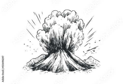 Black and white volcanic eruption with clouds of smoke and flying debris. Vector retro hand drawn illustration