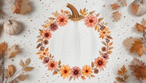 Fall-themed Pumpkin Surrounded by Flowers and Leaves in Warm Autumn Colors