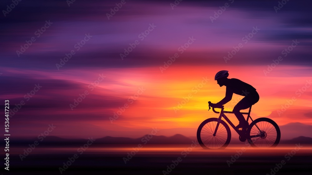 Fototapeta premium A silhouette of a cyclist riding against a vibrant sunset, showcasing motion and endurance, This image is ideal for promoting cycling, fitness
