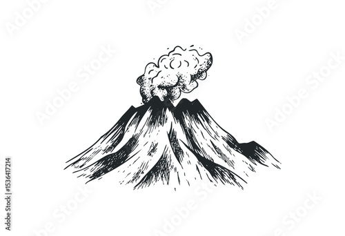 Vintage volcano eruption sketch with smoke emanating from mountain crater. Vector retro hand drawn illustration