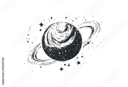 Grunge-style saturn with rings and stars in monochrome design. Vector retro hand drawn illustration