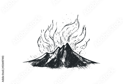 Hand-drawn volcano eruption illustration with abstract smoke lines. Vector retro hand drawn illustration