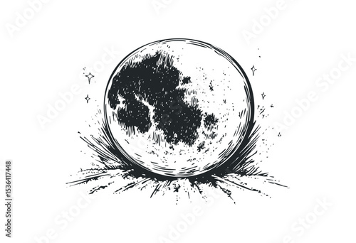 Artistic black and white moon sketch with craters and stars. Vector retro hand drawn illustration