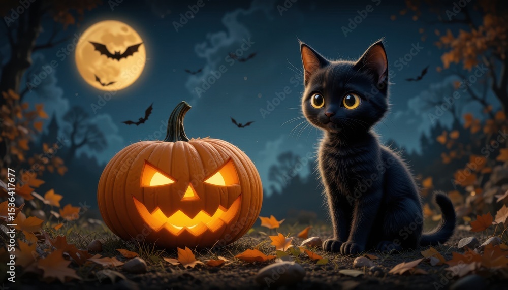 Halloween Night With a Black Cat Beside a Glowing Pumpkin Under a Full Moon Halloween Night With a Black Cat Beside a Glowing Pumpkin Under a Full Moon