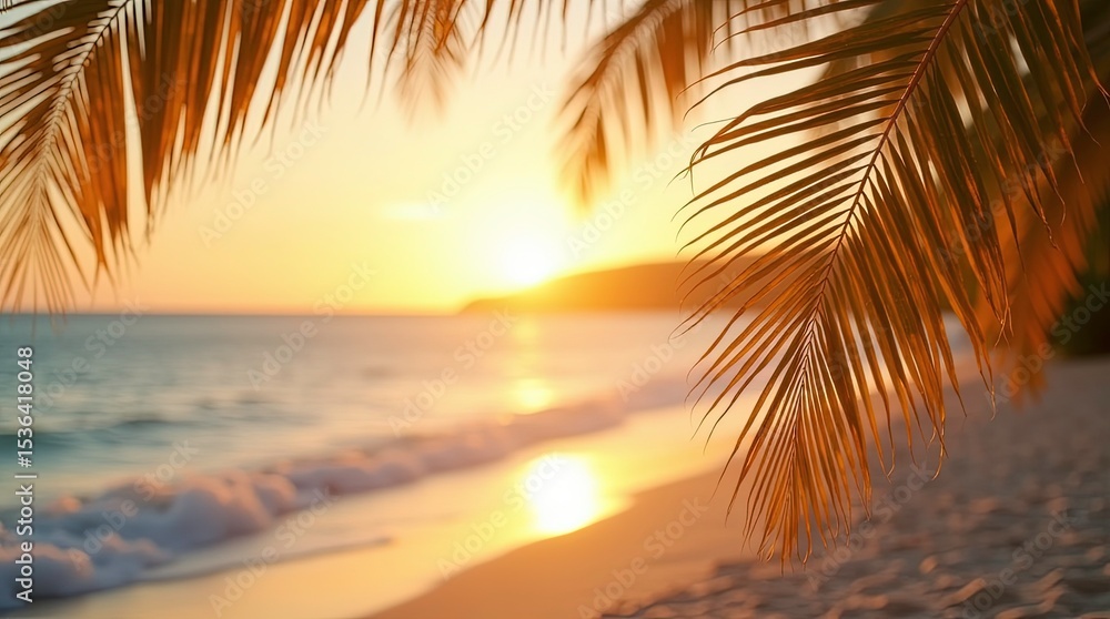 Fototapeta premium Sea sunrise, ocean sunset, tropical island sand beach, coconut palm tree leaves, soft color yellow blue sky clouds background, golden sun reflection on water, peaceful dawn landscape,