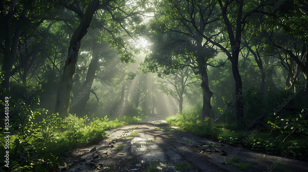 Naklejka premium Serene Sunlit Forest Paths: Morning Light Filtering Through Lush Canopies