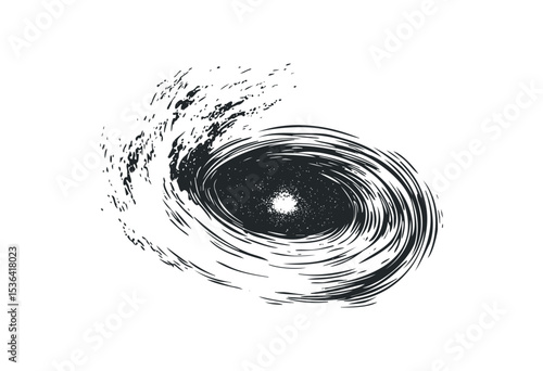 Artistic interpretation of a cosmic black hole swirl in monochrome. Vector retro hand drawn illustration