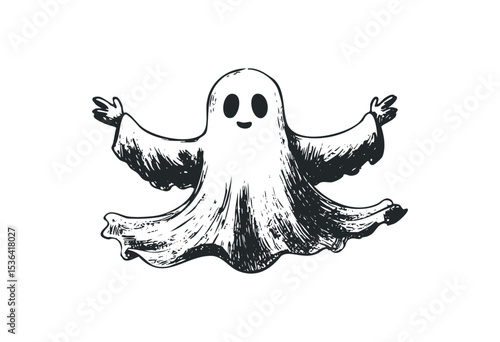 Cartoon style friendly ghost with outstretched arms. Vector retro hand drawn illustration
