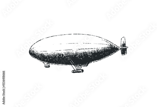 Vintage hand-drawn airship sketch with detailed shading. Vector retro hand drawn illustration