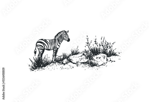 Illustration of zebra in natural habitat with rocks and plants. Vector retro hand drawn illustration