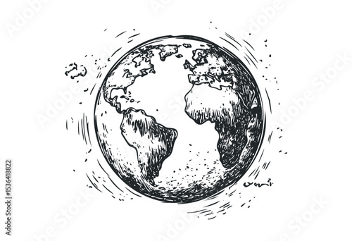 Hand-drawn globe illustrating continents and oceans in vintage style. Vector retro hand drawn illustration