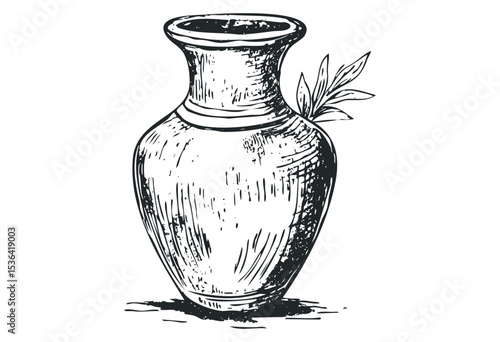 Hand-drawn vintage vase with decorative leaf detail in sketch style. Vector retro hand drawn illustration
