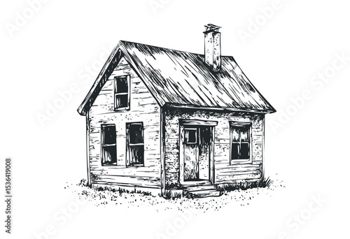 Vintage sketch of a rustic cottage with wooden features and chimney detailing. Vector retro hand drawn illustration