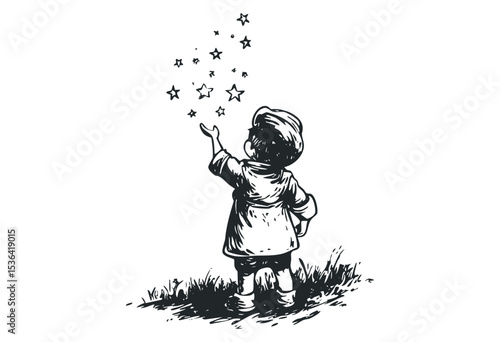 Child reaching for stars: young caucasian illustration of imagination. Vector retro hand drawn illustration