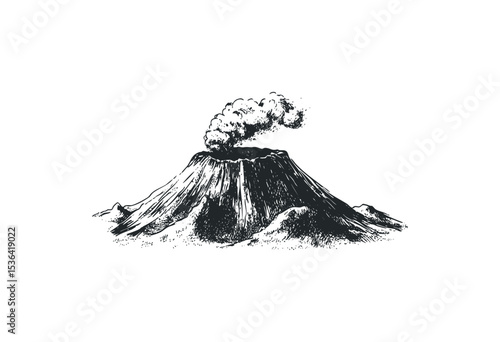 Hand-drawn volcano eruption with smoke in vintage style. Vector retro hand drawn illustration