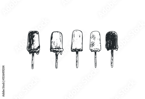Vintage sketch of five ice cream popsicles in various shapes. Vector retro hand drawn illustration