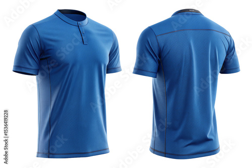 blue short sleeve t-shirt with mandarin collar, front and back view, athletic sportswear apparel mockup on white background.