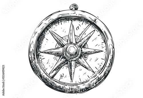 Hand-drawn vintage compass design with nautical elements. Vector retro hand drawn illustration