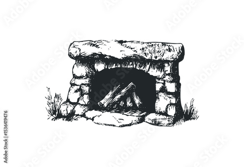 Vintage stone fireplace with firewood. Vector retro hand drawn illustration