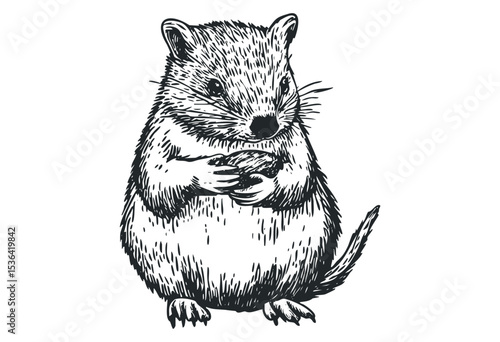 Detailed black and white engraving of a standing rodent with detailed fur. Vector retro hand drawn illustration