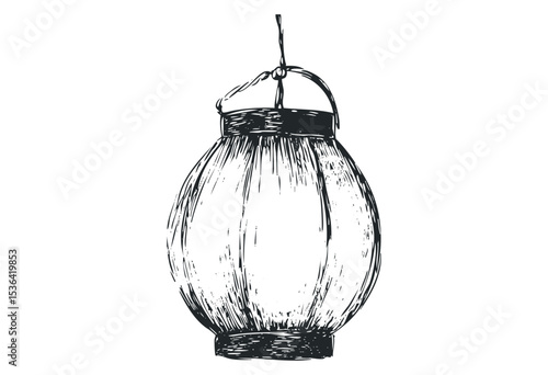 Vintage asian lantern with hand-drawn detail. Vector retro hand drawn illustration