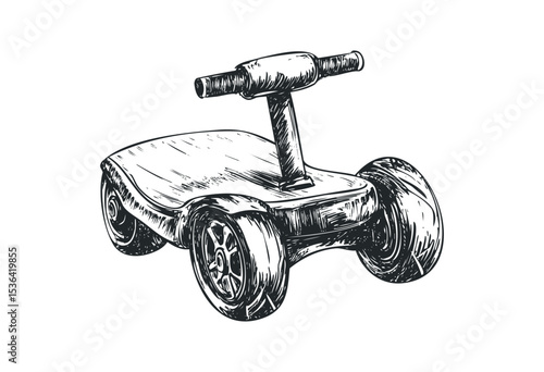 Hand-drawn illustration of a wheeled scooter with handlebar. Vector retro hand drawn illustration