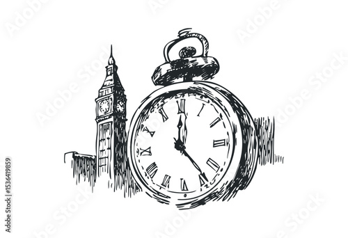 Vintage pocket watch sketch with iconic tower in background. Vector retro hand drawn illustration