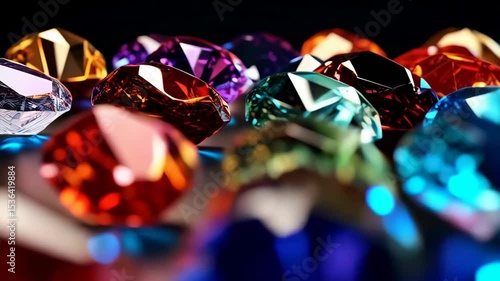 Close-up of an assortment of colorful gems sparkling on dark background. Precious stones with facets reflecting light. Jewels in various shades.