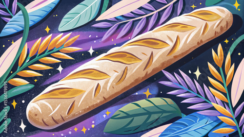 French baguette with golden crust and flour dust on surface, placed on rustic background. Perfect for bakery branding, culinary illustrations, or traditional bread visuals