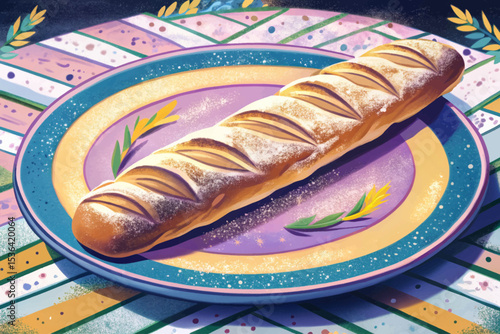 French baguette with golden crust and flour dust on surface, placed on rustic background. Perfect for bakery branding, culinary illustrations, or traditional bread visuals