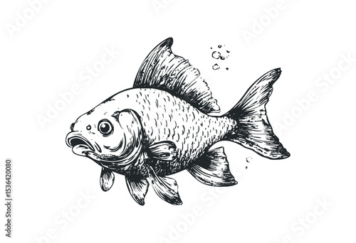 Detailed black and white illustration of a goldfish in motion. Vector retro hand drawn illustration