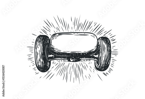 Monochrome illustration of a hoverboard with radiating lines. Vector retro hand drawn illustration