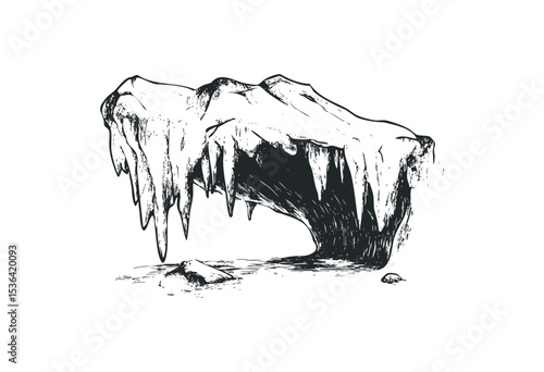 Snow-covered ice cave with stalactites: a detailed sketch of a natural formation. Vector retro hand drawn illustration