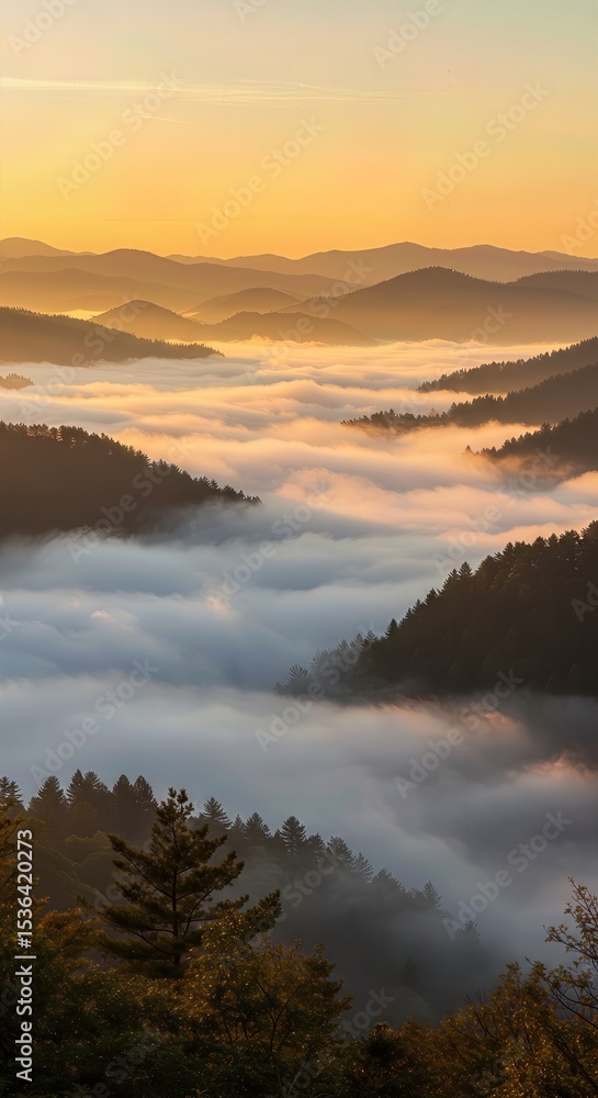Fototapeta premium Morning Fog Rolling Through Mountain Valley at Sunrise
