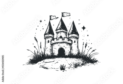 Medieval fantasy castle with flags and surrounding foliage. Vector retro hand drawn illustration
