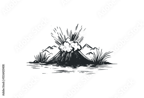 Monochrome drawing of an erupting volcano with smoke and ash against mountains. Vector retro hand drawn illustration