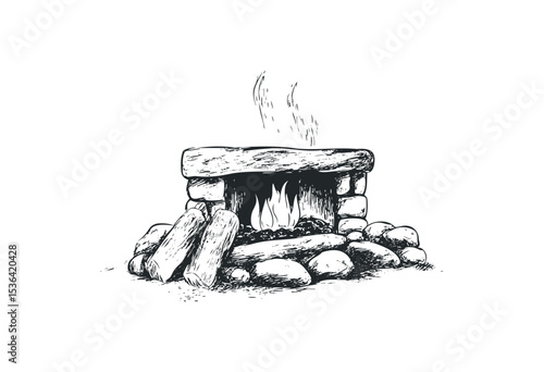 Rustic stone fireplace with burning logs in sketch art style. Vector retro hand drawn illustration
