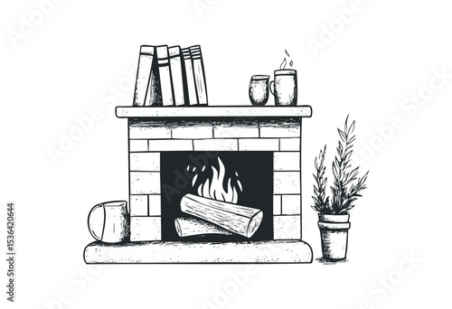 Cozy fireplace with books and potted plant illustration. Vector retro hand drawn illustration