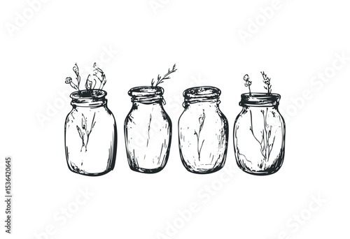 Hand-drawn glass jars with wildflowers in vintage style. Vector retro hand drawn illustration