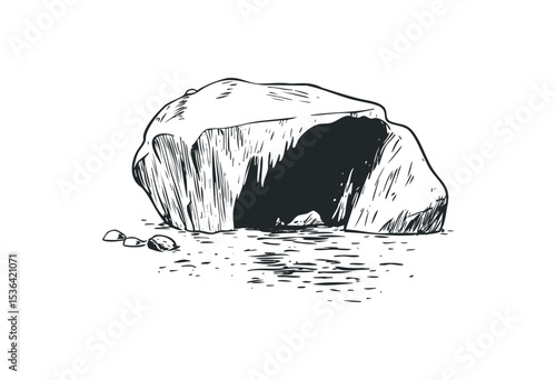 Detailed sketch of an ancient cave entrance with surrounding rocks. Vector retro hand drawn illustration